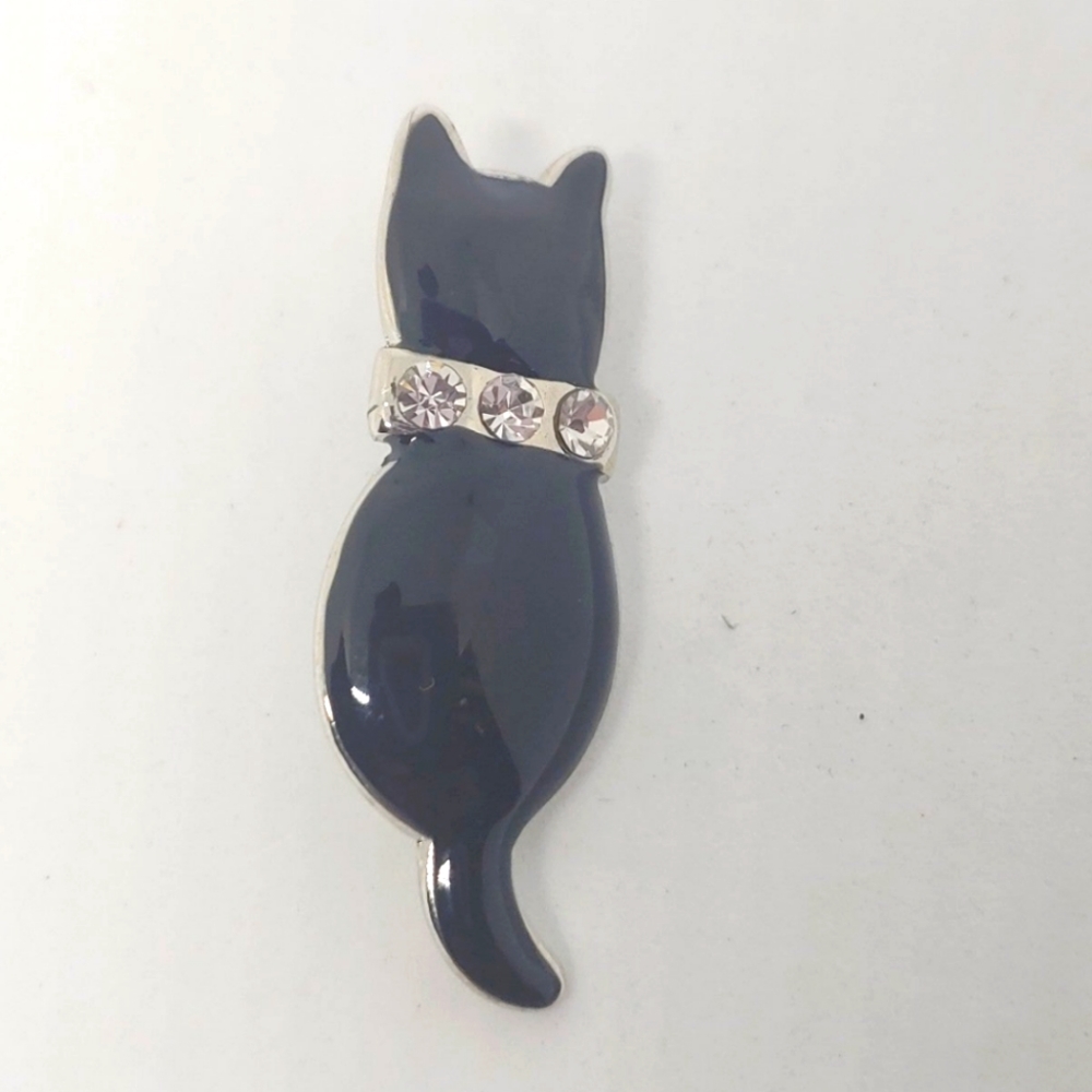 Silver Tone Black Cat with Stone Collar Brooch Pin